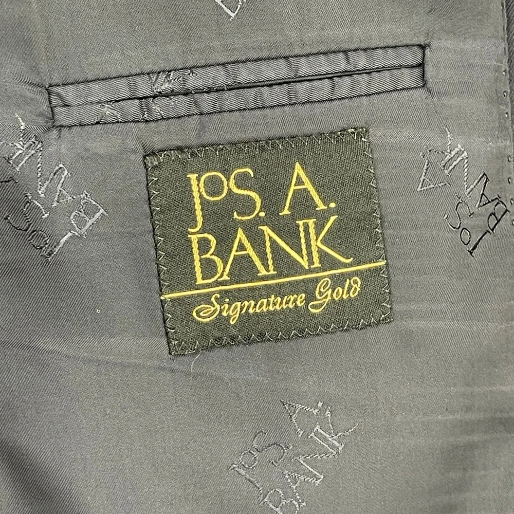 Jos A Bank Signature Gold 43L 36x34 Blue Navy Pinstripe Wool Suit Pleated Cuffed